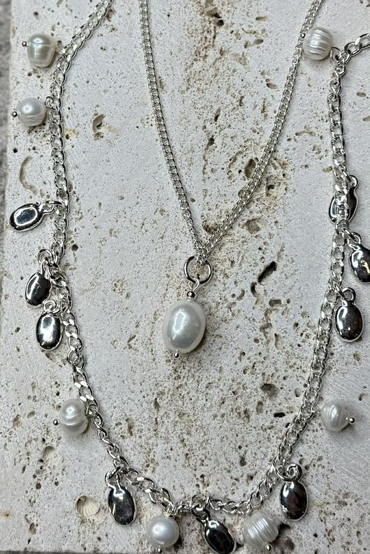 Pearl Droplets Multi Layered Necklace Silver /38=